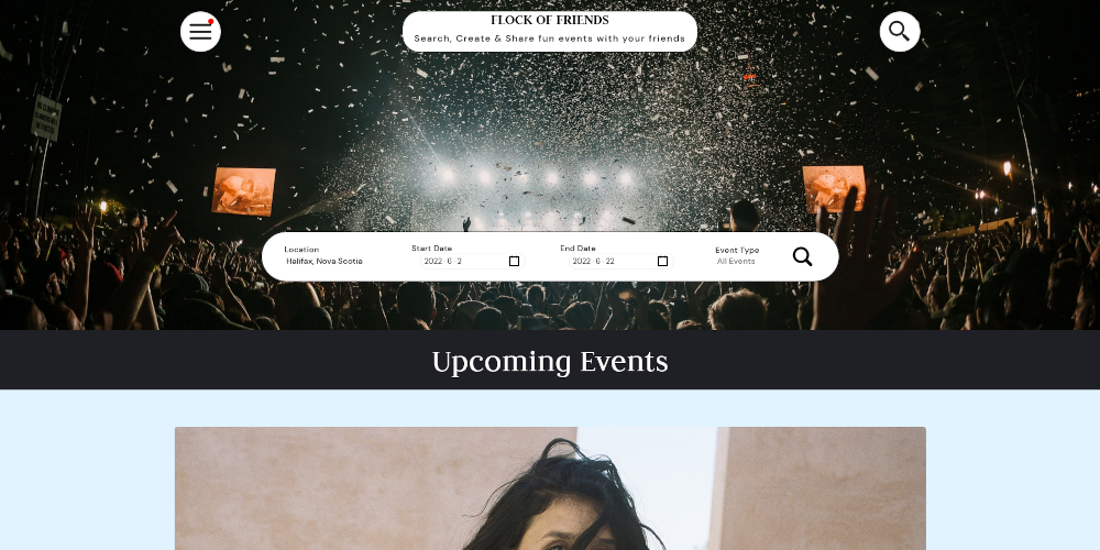 screenshot of a website for event planning titled Flock of Friends